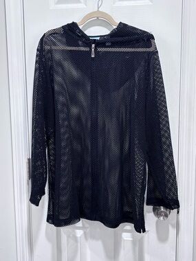 Black Sheer Mesh Zip-Front Swim Coverup Hoodie
